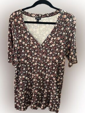 torrid Black Floral Button-Front V-Neck Top with Rust and Cream Blooms